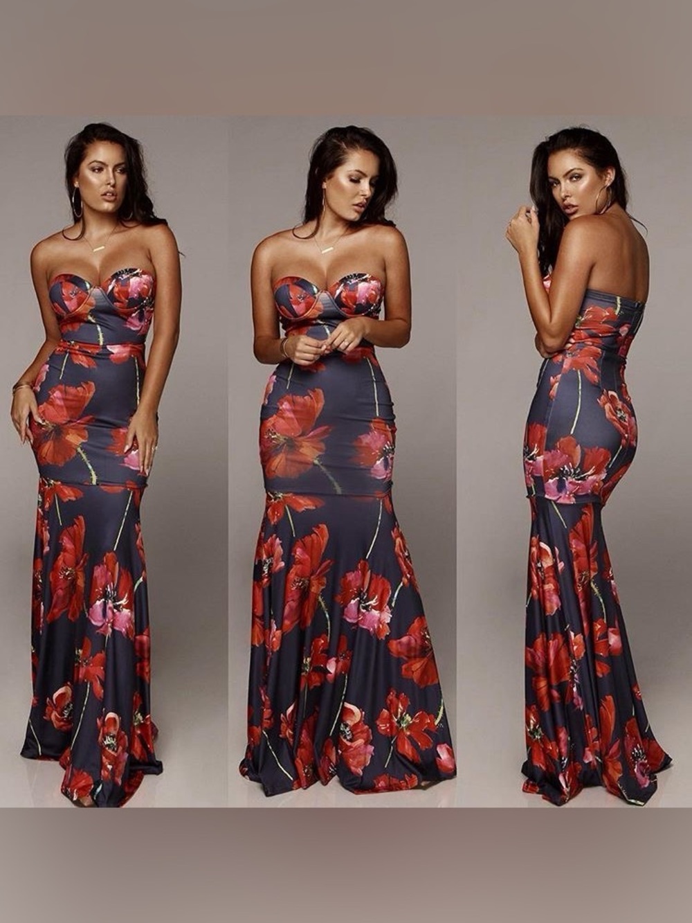 JLUXLABEL Strapless Floral Mermaid Maxi Dress in Charcoal and Red